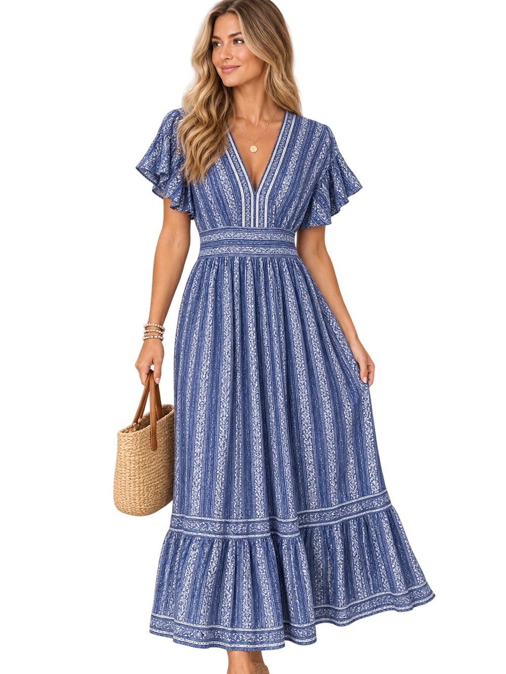 Max Studio Blue Patterned V-Neck Maxi Dress NWT size M Boho style